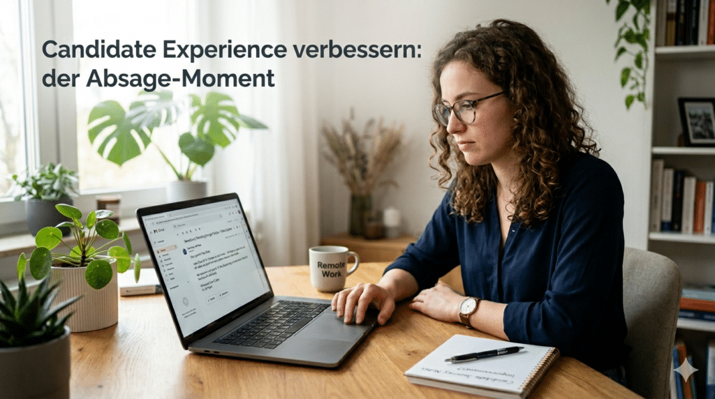 Bewerberin liest eine Absage-E-Mail am Laptop. Beitragsbild mit dem Titel: Candidate Experience verbessern: der Absage-Moment.