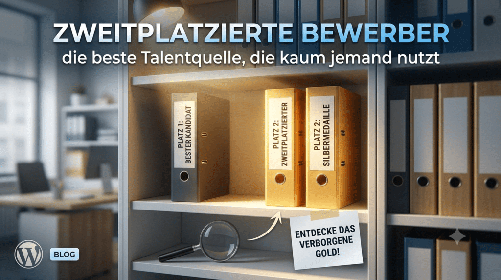 Konzeptbild Recruiting: Zweitplatzierte Bewerber und Silbermedaillen-Kandidaten als wertvoller, aber oft ungenutzter Talentpool in HR-Aktenordnern.
