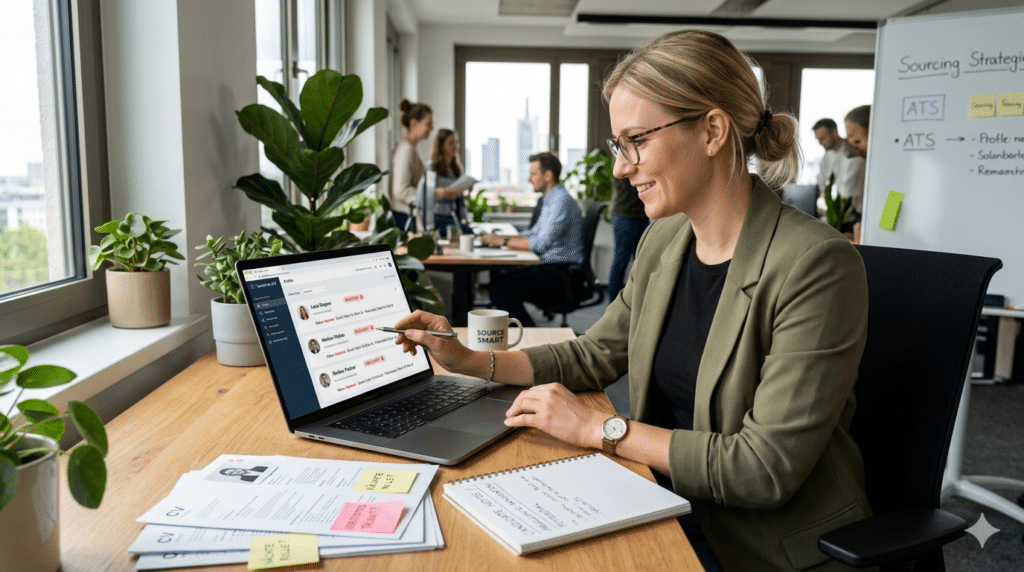 Eine Recruiterin sichtet am Laptop Kandidatenprofile und Lebensläufe. Das Bild illustriert, wie Personalvermittler abgelehnte Kandidaten als wertvolle Sourcing-Quelle nutzen.