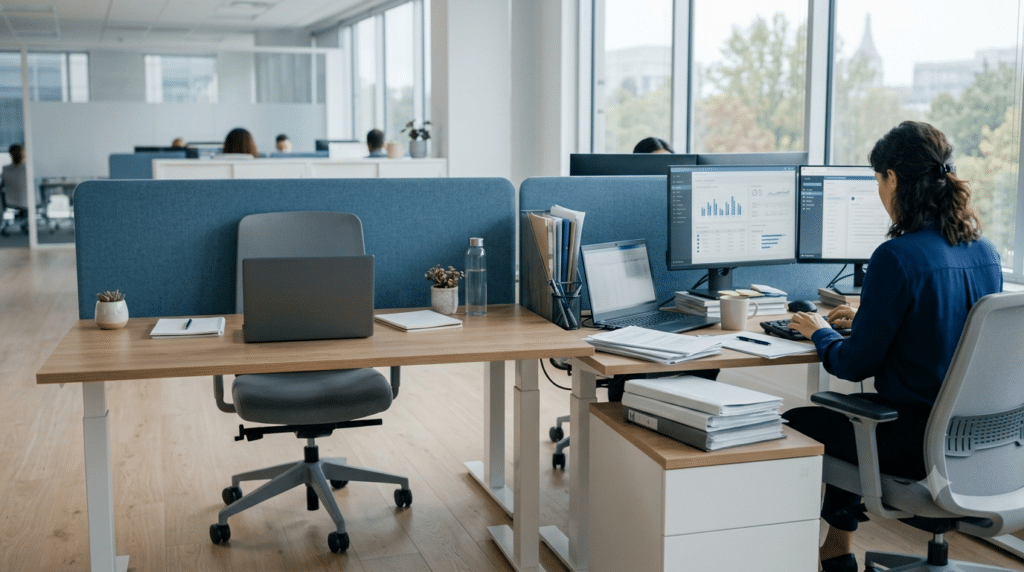 Leerer Arbeitsplatz neben einem ausgelasteten Kollegen – Symbol für die Kosten einer unbesetzten Stelle