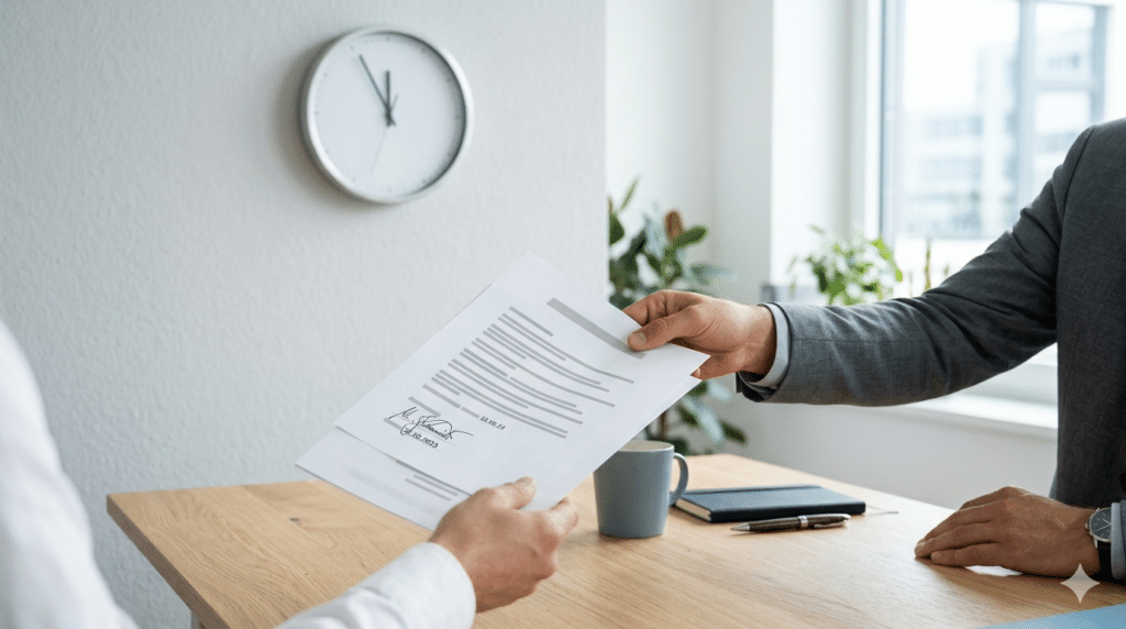 Vertrag und Uhr auf einem Schreibtisch als Symbol für eine niedrige Time-to-Hire