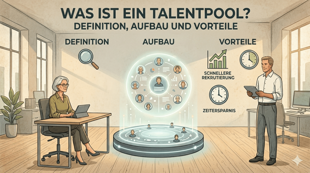 Grafische Darstellung eines Talentpools im Bürokontext: Definition, strukturierter Aufbau einer Bewerberdatenbank und Vorteile wie Zeitersparnis und schnellere Rekrutierung.