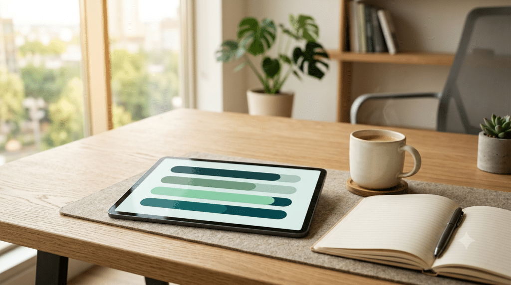 Tablet mit Auswertungsgrafik aus vier Fortschrittsbalken auf einem Schreibtisch – Symbolbild für den Candidate-Experience-Check